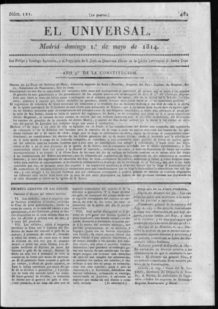 Miniatura de El Universal del domingo 1 de mayo de 1814.