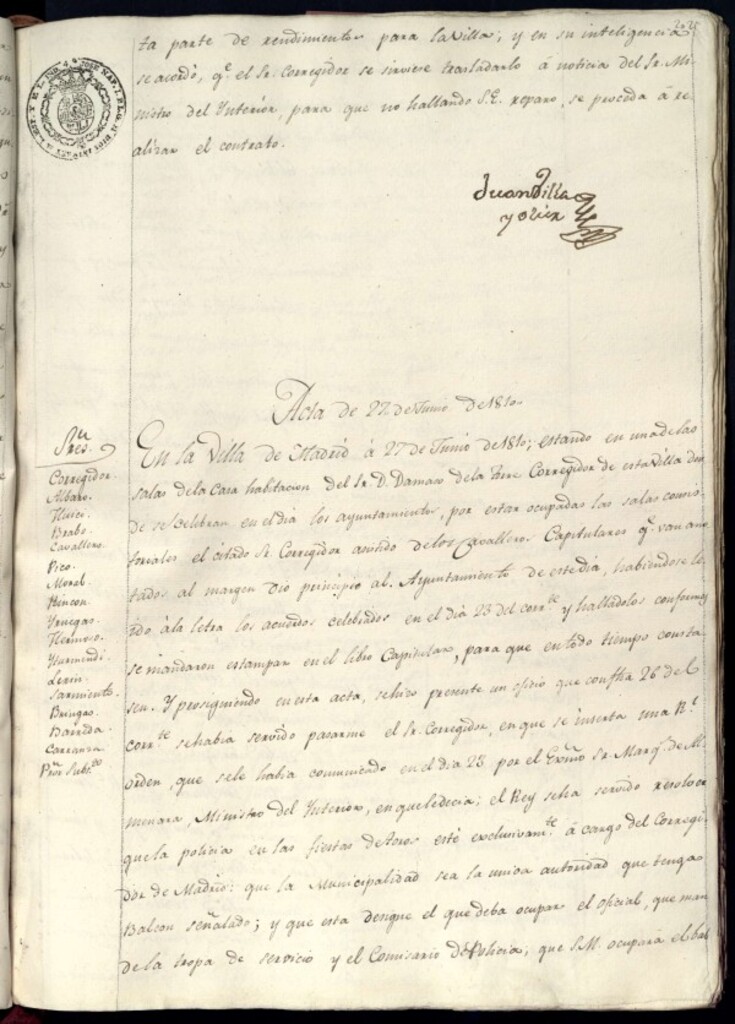 Miniatura de Libro de Acuerdos del Ayuntamiento de Madrid del 27 de junio de 1810