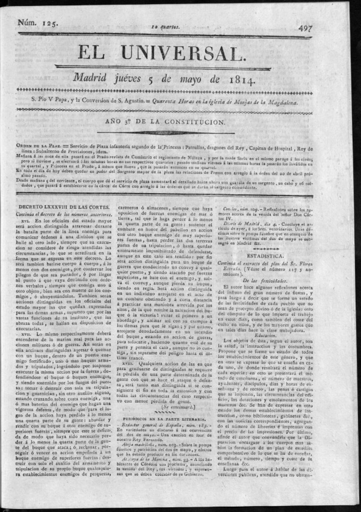 Miniatura de El Universal del jueves 5 de mayo de 1814.