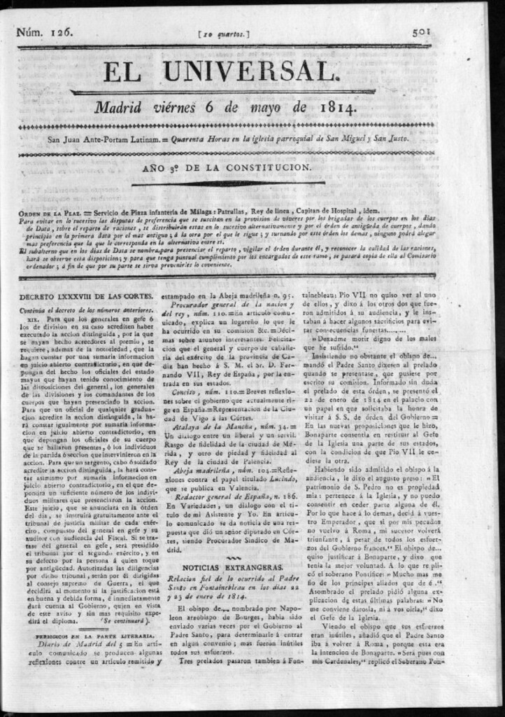 Miniatura de El Universal del viernes 6 de mayo de 1814.