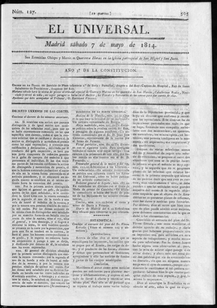 Miniatura de El Universal del sábado 7 de mayo de 1814.