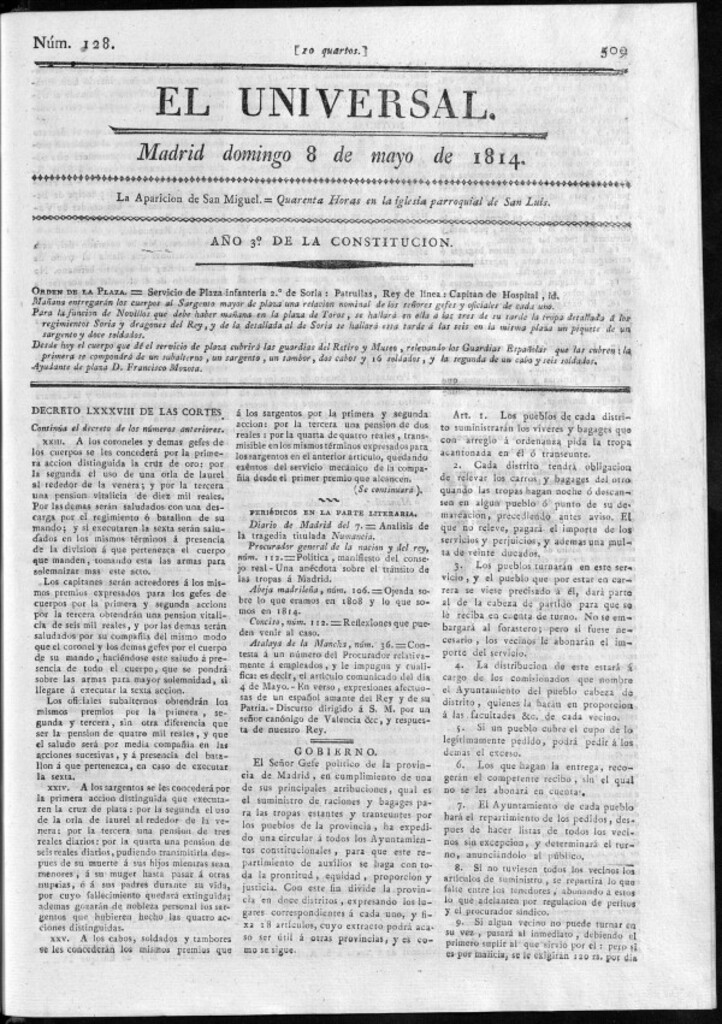 Miniatura de El Universal del domingo 8 de mayo de 1814