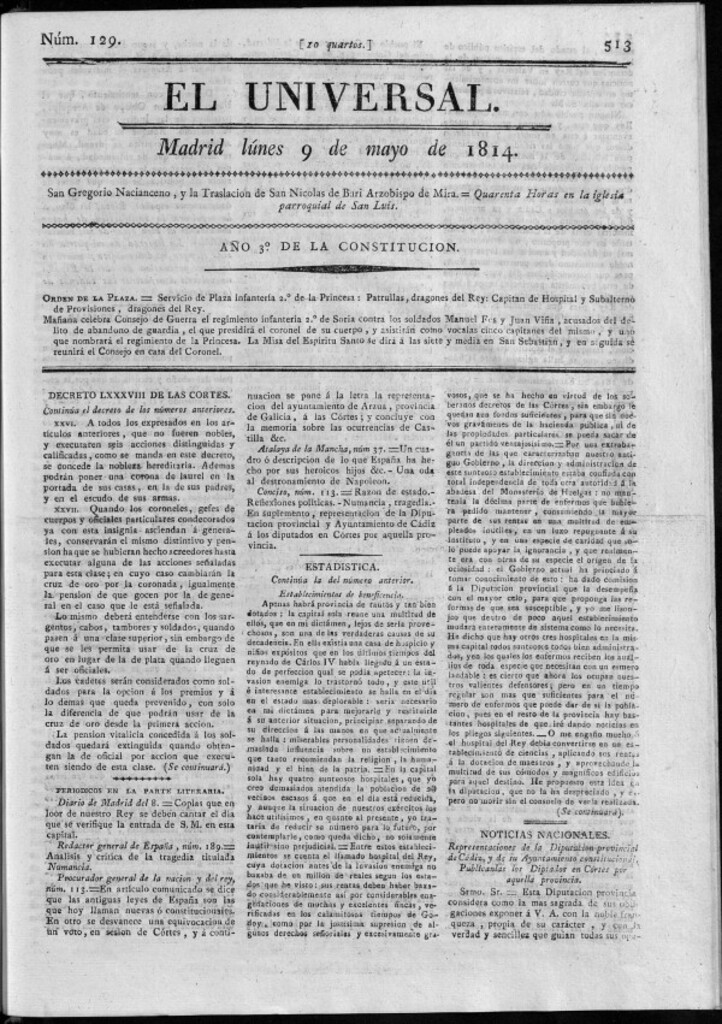Miniatura de El Universal del lunes 9 de mayo de 1814.