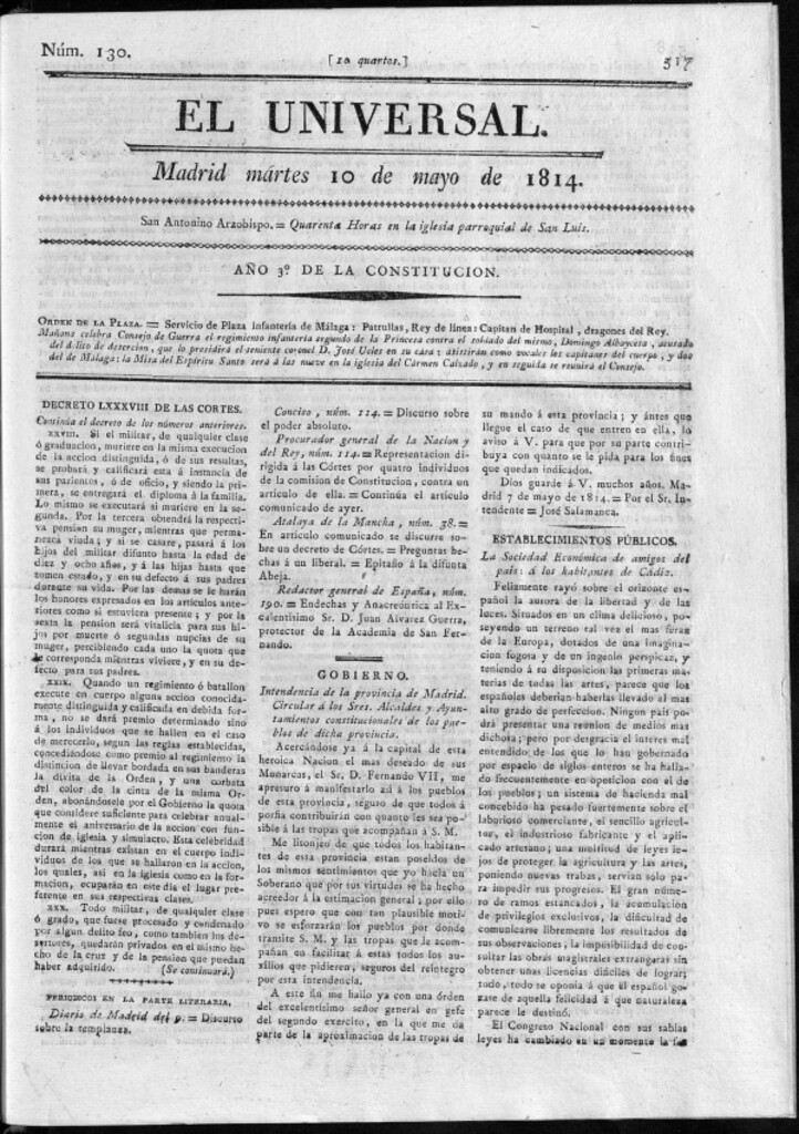 Miniatura de El Universal del martes 10 de mayo de 1814.
