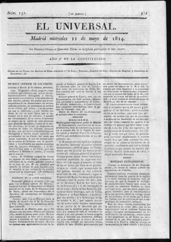 Miniatura de El Universal del miércoles 11 de mayo de 1814.