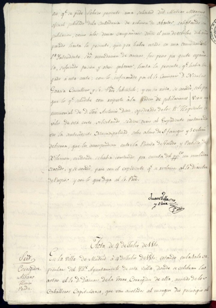 Miniatura de Libro de Acuerdos del Ayuntamiento de Madrid del 4 de julio de 1810