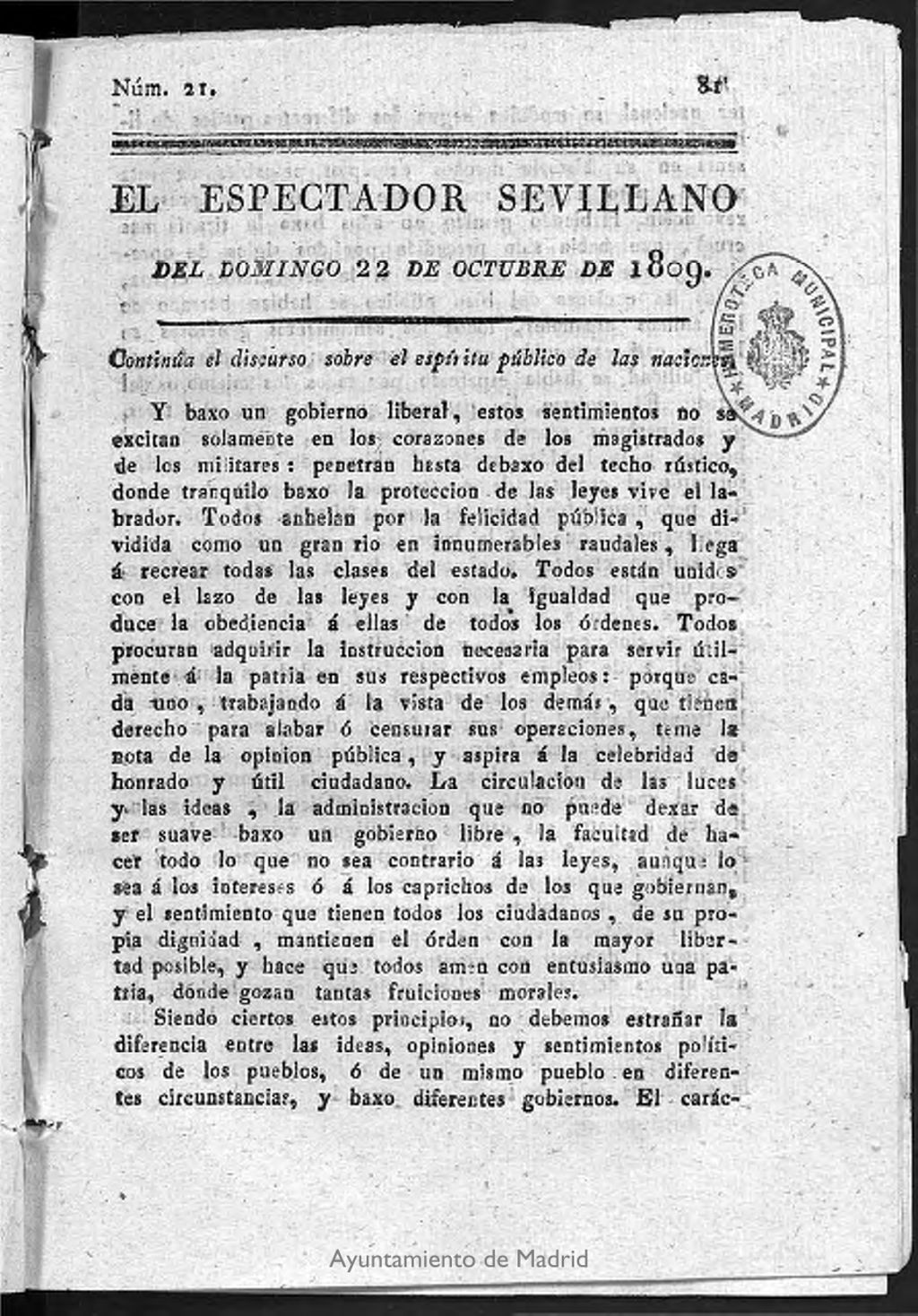 Miniatura de El Espectador Sevillano del domingo 22 de Octubre de 1809