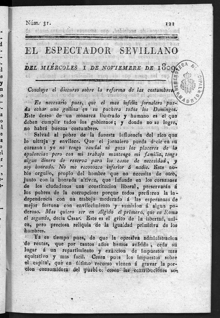 Miniatura de El Espectador Sevillano del miércoles 1 de Noviembre de 1809