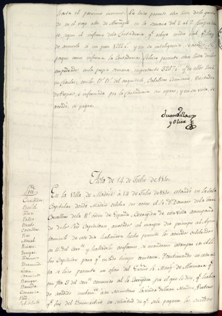 Miniatura de Libro de Acuerdos del Ayuntamiento de Madrid del 14 de julio de 1810