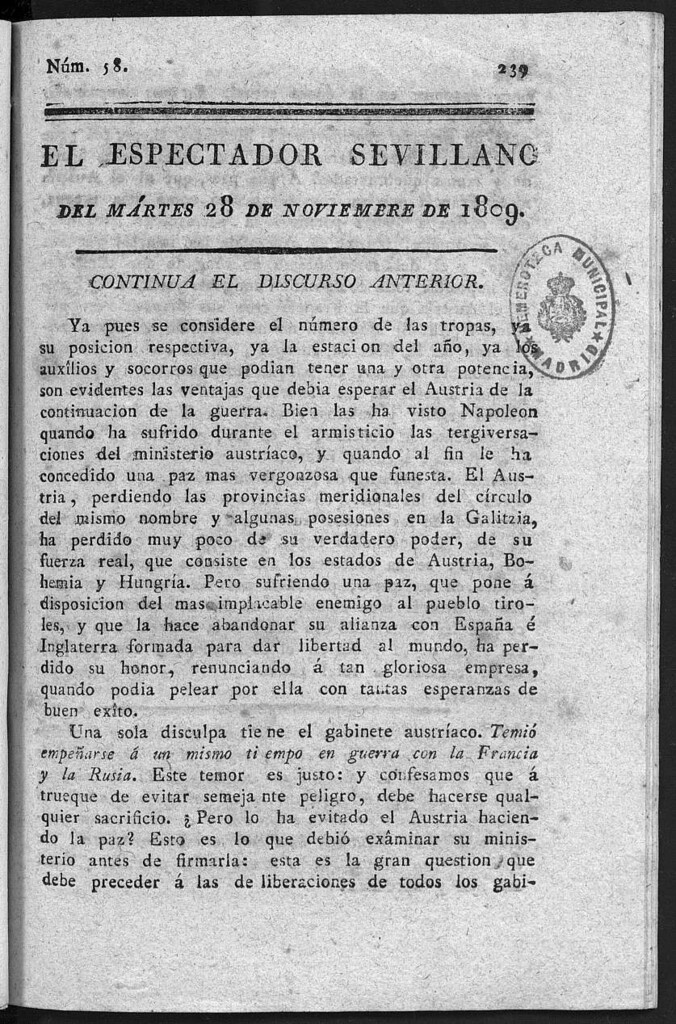 Miniatura de El Espectador Sevillano del martes 28 de Noviembre de 1809