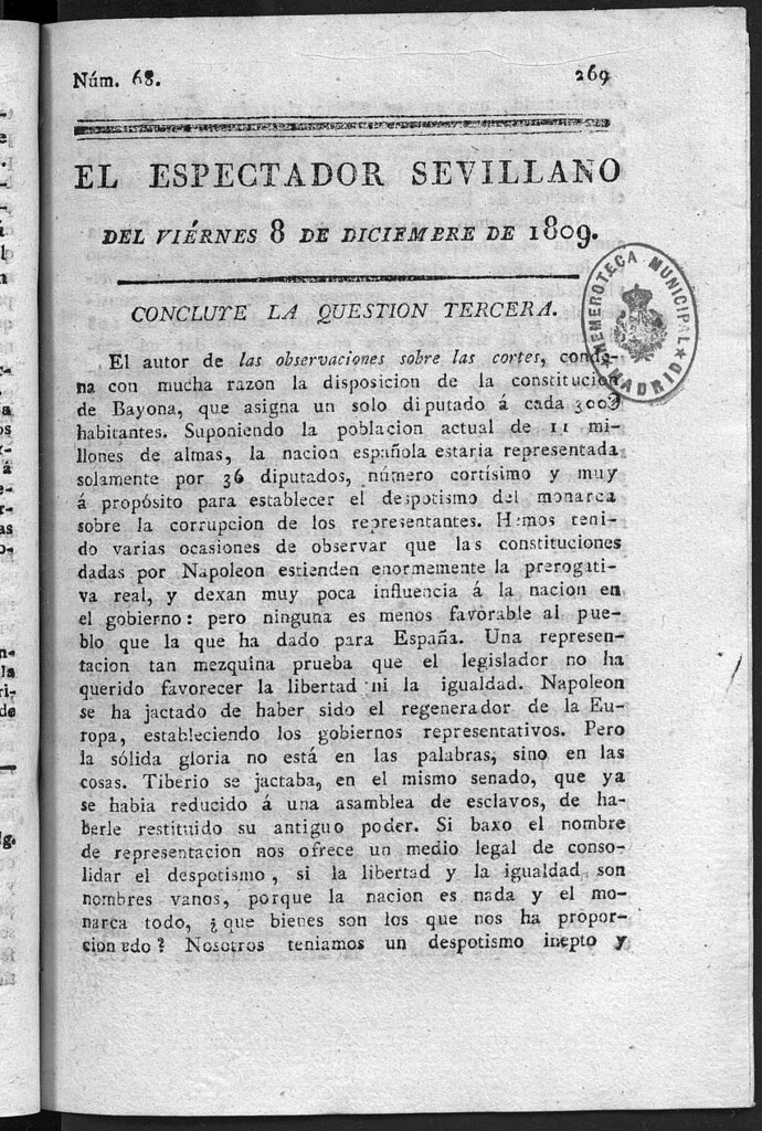 Miniatura de El Espectador Sevillano del viernes 8 de Diciembre de 1809