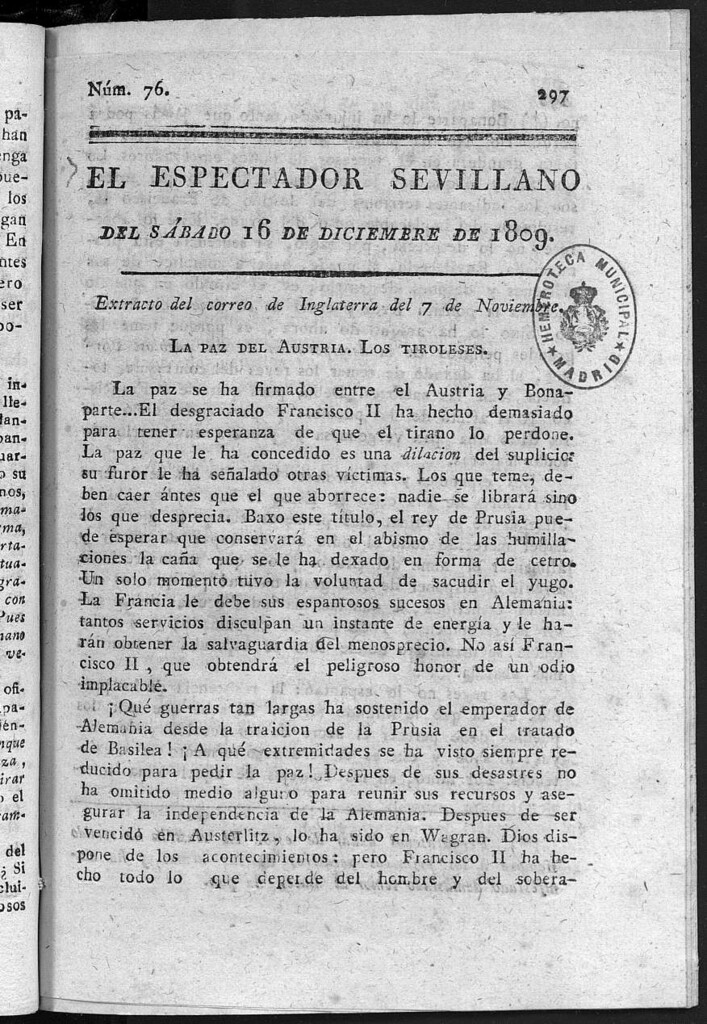 Miniatura de El Espectador Sevillano del sábado 16 de Diciembre de 1809