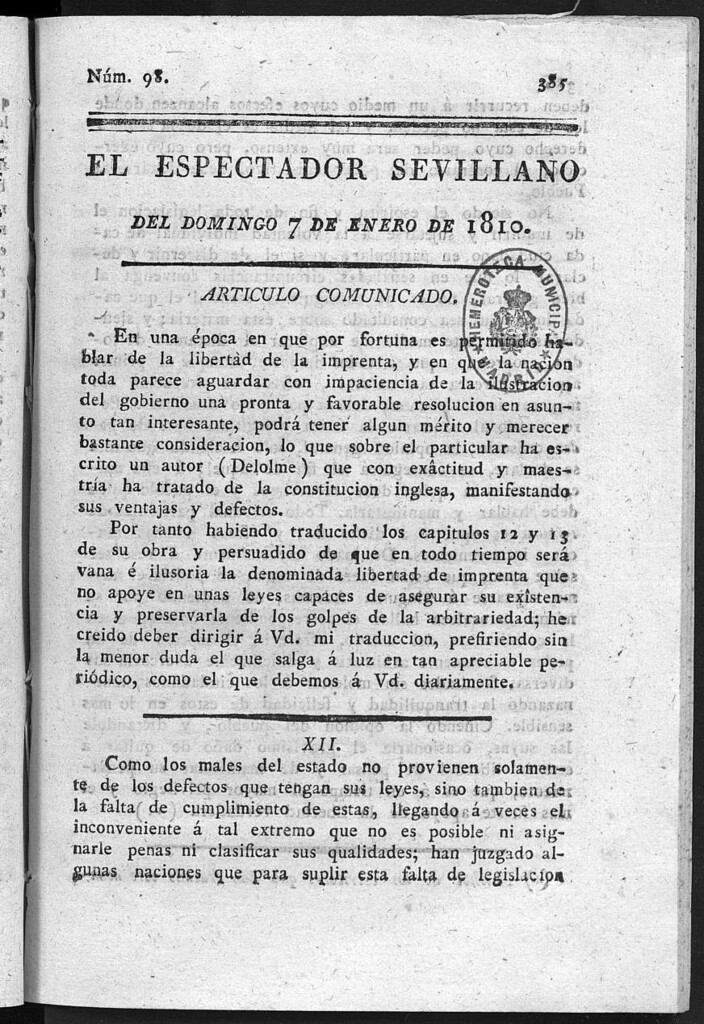 Miniatura de El Espectador Sevillano del domingo 7 de Enero de 1810