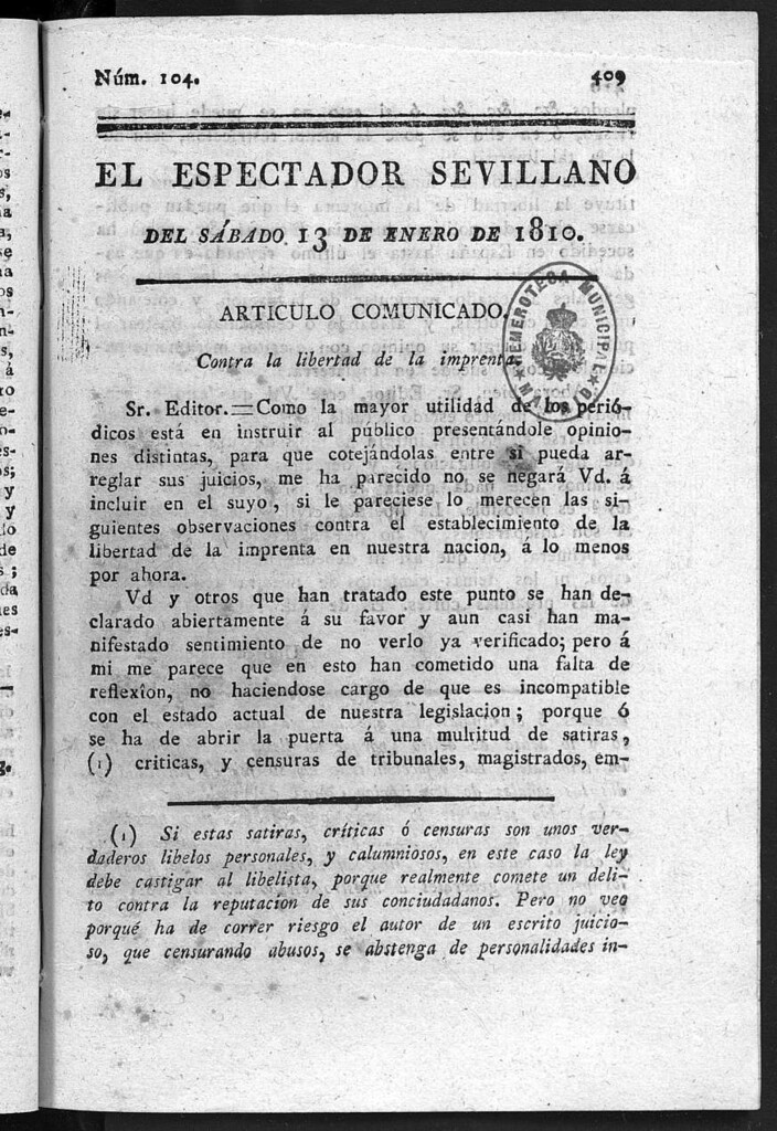 Miniatura de El Espectador Sevillano del sábado 13 de Enero de 1810