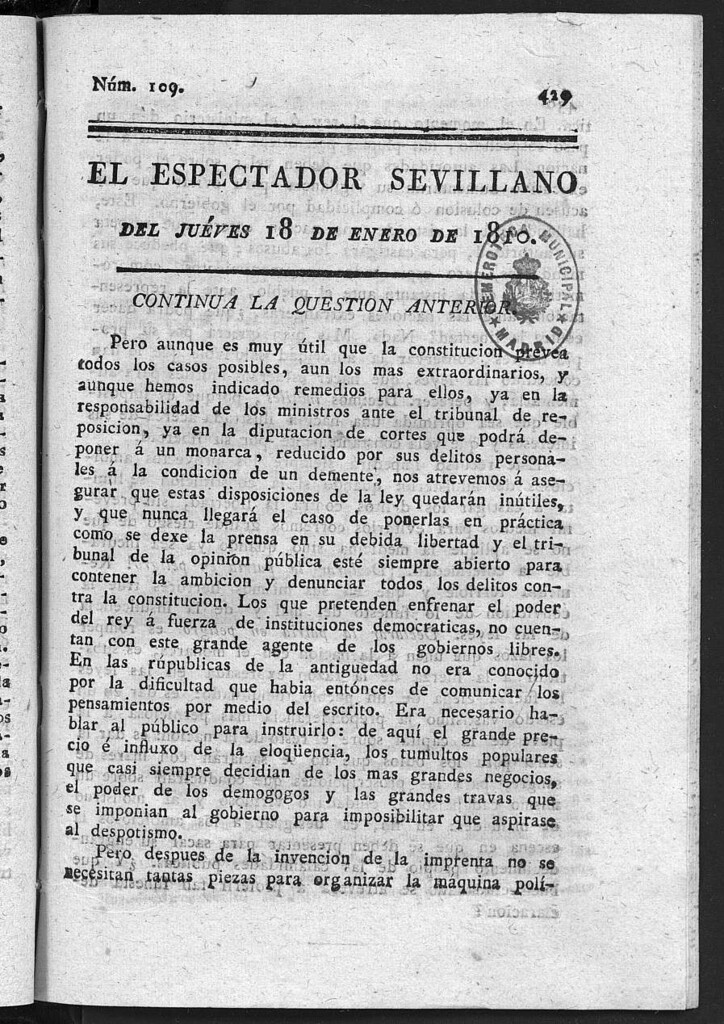 Miniatura de El Espectador Sevillano del jueves 18 de Enero de 1810