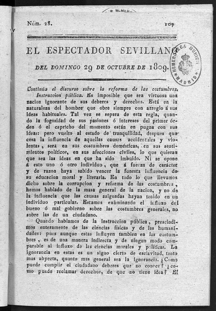 Miniatura de El Espectador Sevillano del domingo 29 de Octubre de 1809