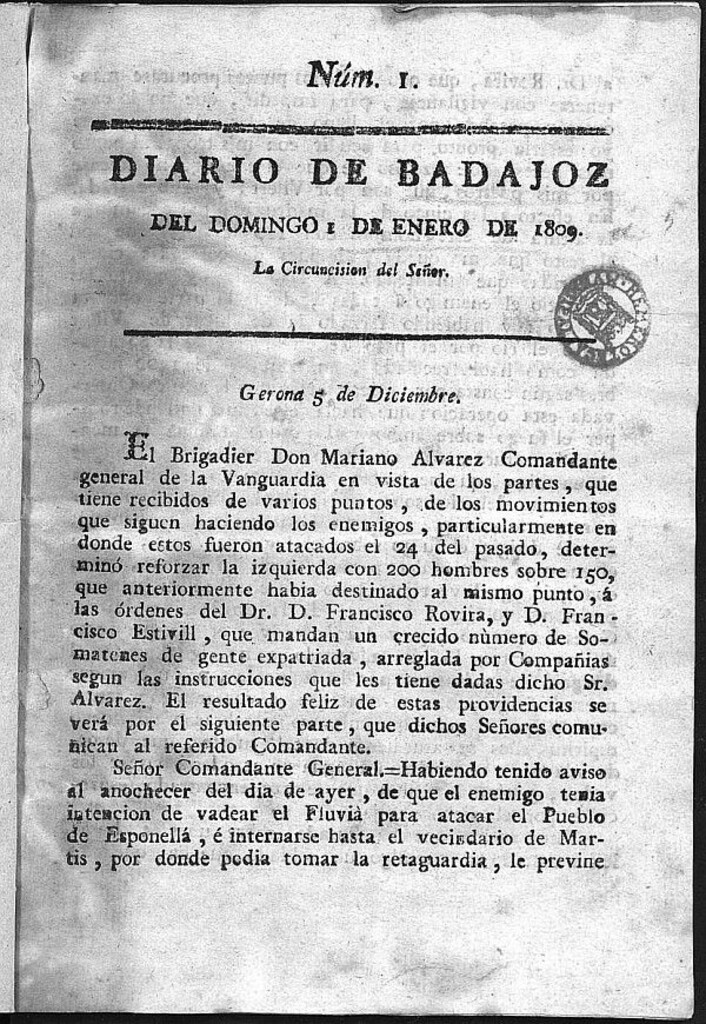 Miniatura de Diario de Badajoz del domingo 1 de Enero de 1809