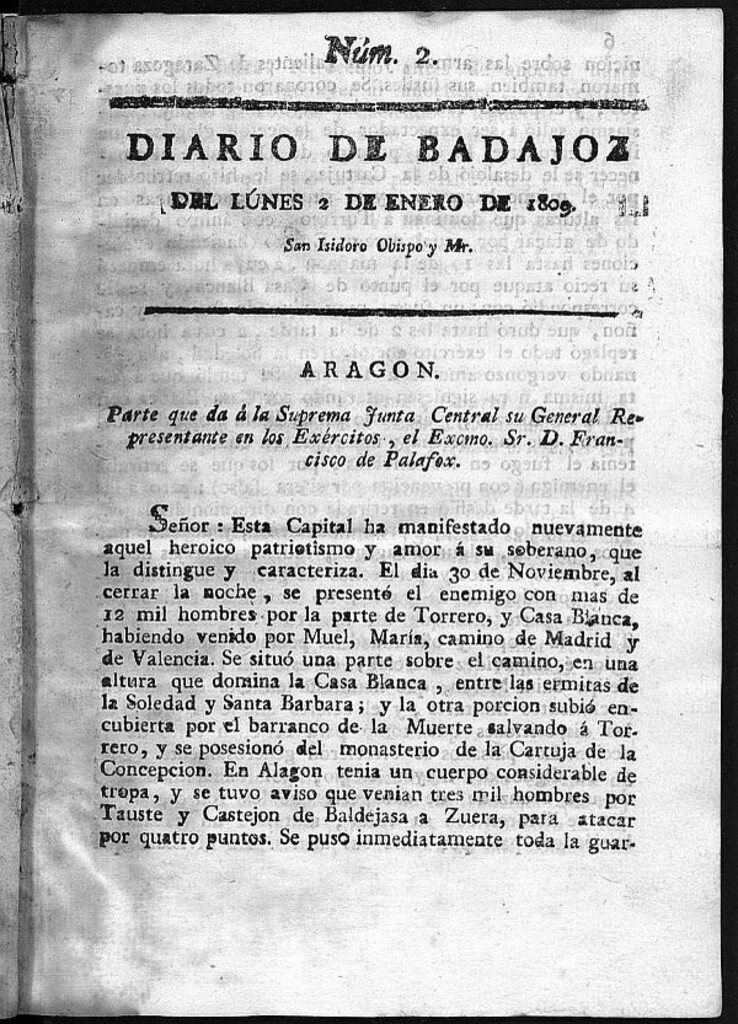 Miniatura de Diario de Badajoz del lunes 2 de Enero de 1809