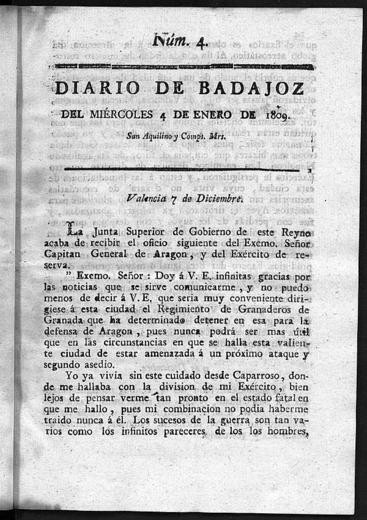Miniatura de Diario de Badajoz del miércoles 4 de Enero de 1809