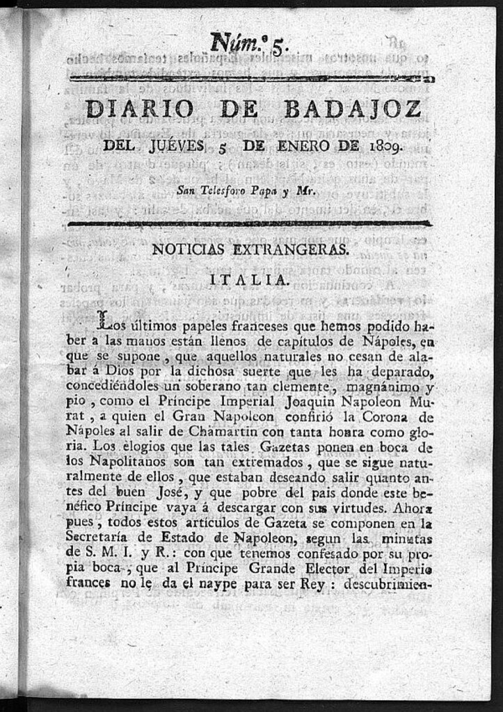 Miniatura de Diario de Badajoz del jueves 5 de Enero de 1809
