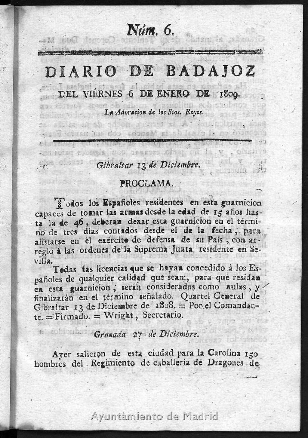 Miniatura de Diario de Badajoz del viernes 6 de Enero de 1809