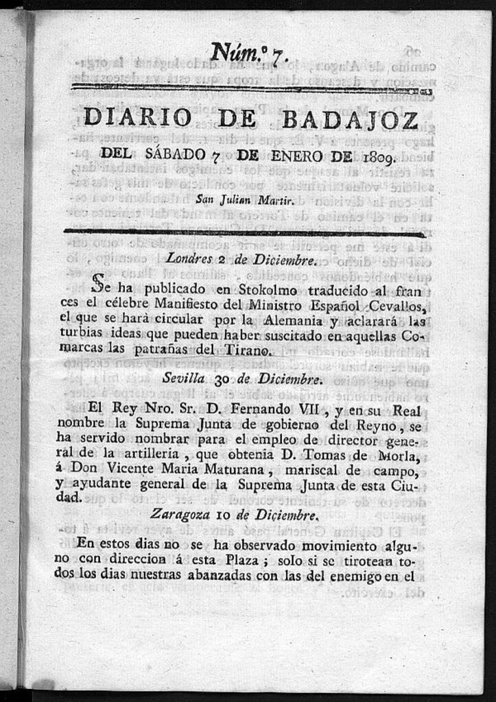 Miniatura de Diario de Badajoz del sábado 7 de Enero de 1809