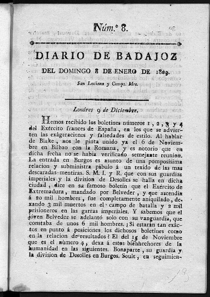 Miniatura de Diario de Badajoz del domingo 8 de Enero de 1809