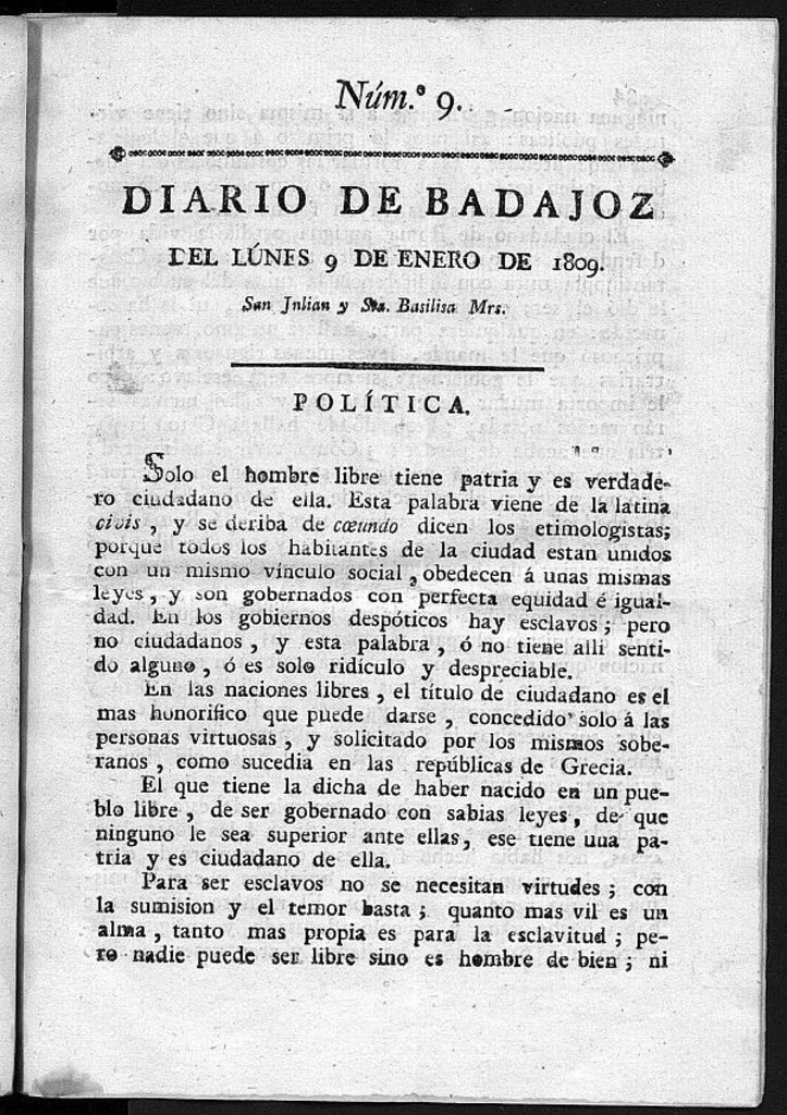 Miniatura de Diario de Badajoz del lunes 9 de Enero de 1809