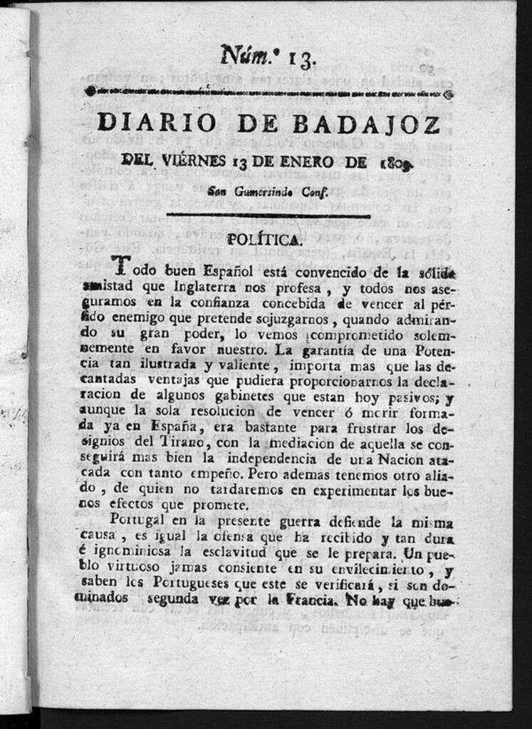 Miniatura de Diario de Badajoz del viernes 13 de Enero de 1809