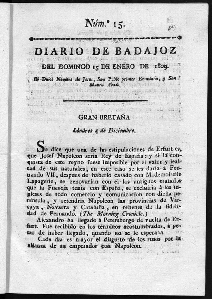 Miniatura de Diario de Badajoz del domingo 15 de Enero de 1809