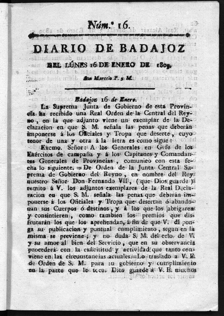 Miniatura de Diario de Badajoz del lunes 16 de Enero de 1809