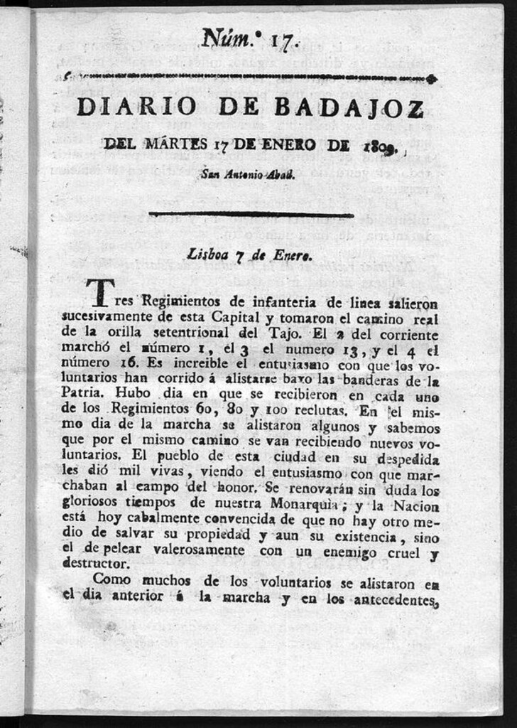Miniatura de Diario de Badajoz del martes 17 de Enero de 1809