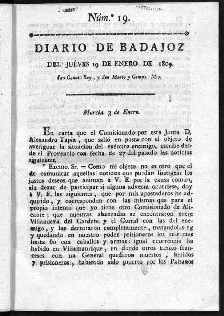 Miniatura de Diario de Badajoz del jueves 19 de Enero de 1809