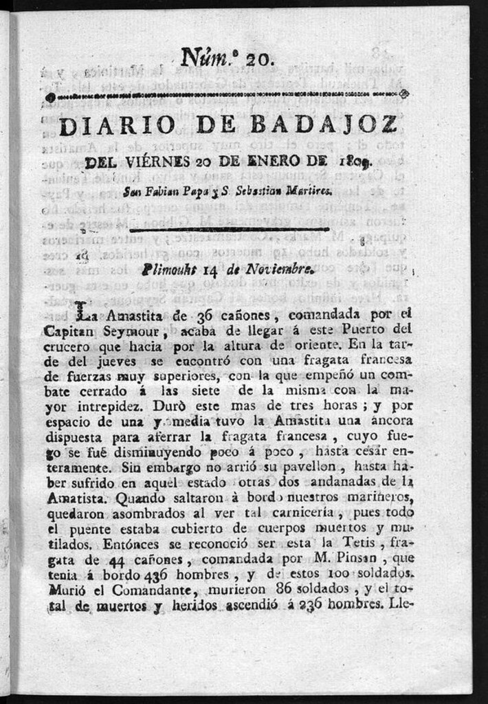 Miniatura de Diario de Badajoz del viernes 20 de Enero de 1809