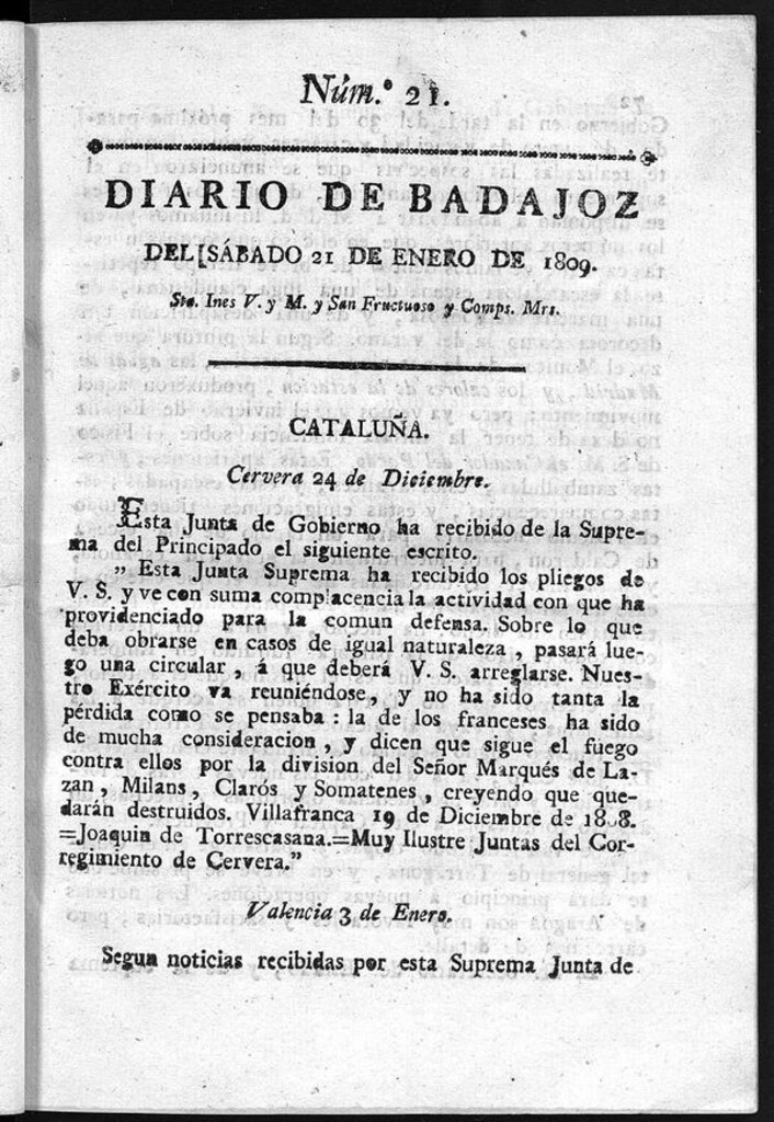 Miniatura de Diario de Badajoz del sábado 21 de Enero de 1809
