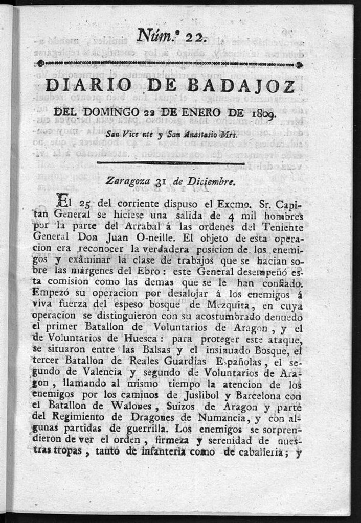 Miniatura de Diario de Badajoz del domingo 22 de Enero de 1809