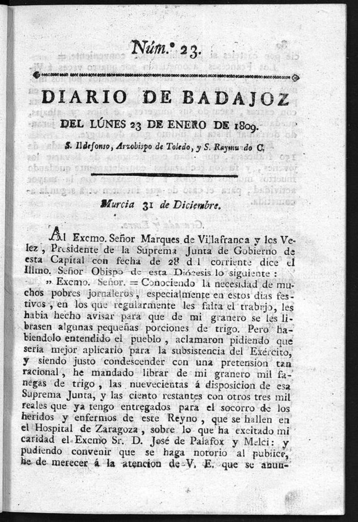 Miniatura de Diario de Badajoz del lunes 23 de Enero de 1809