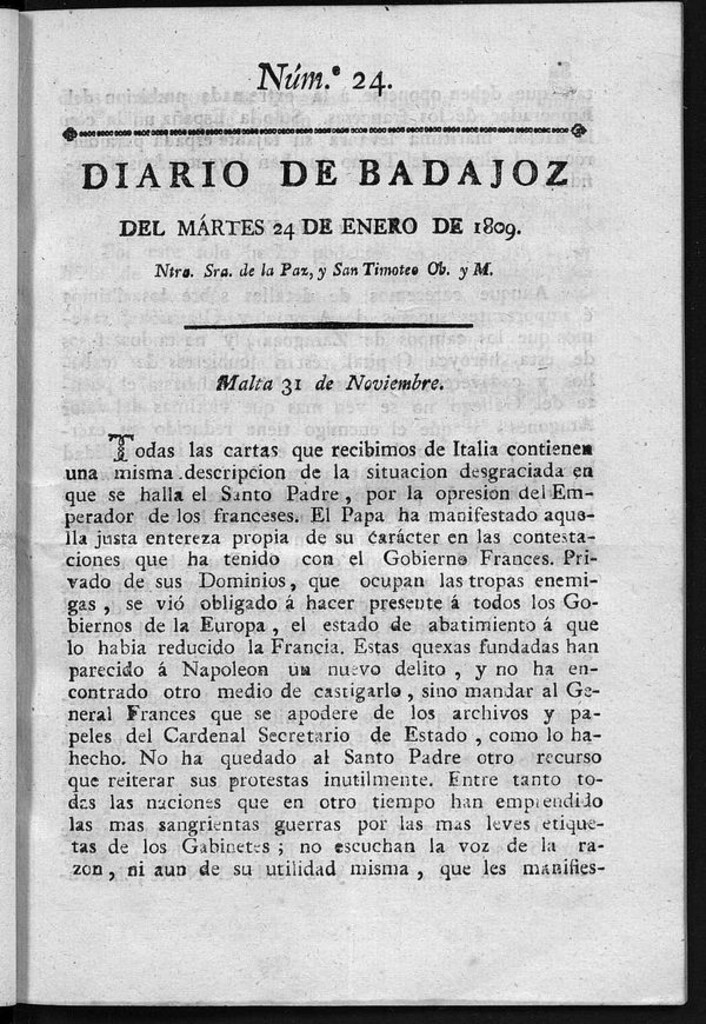 Miniatura de Diario de Badajoz del martes 24 de Enero de 1809