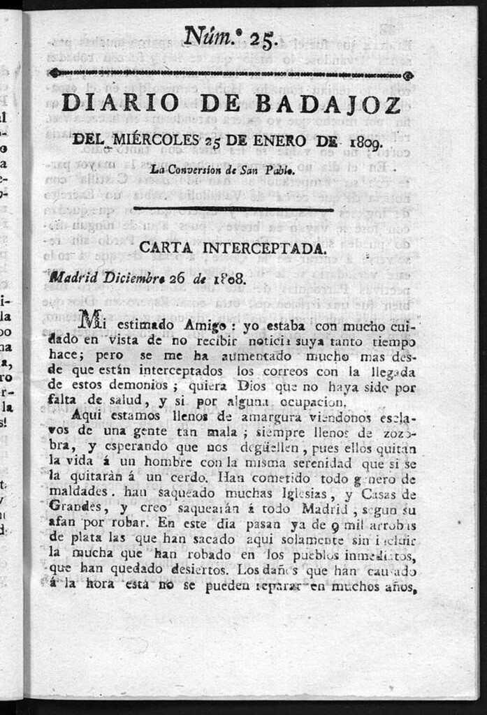Miniatura de Diario de Badajoz del miércoles 25 de Enero de 1809