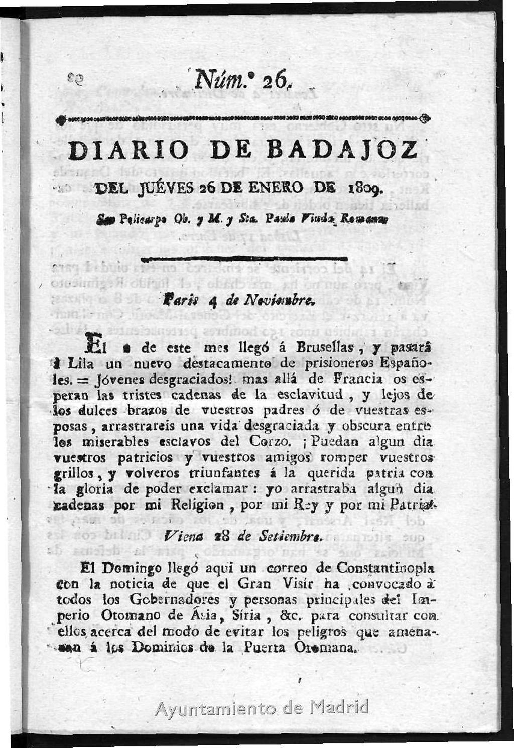 Miniatura de Diario de Badajoz del jueves 26 de Enero de 1809