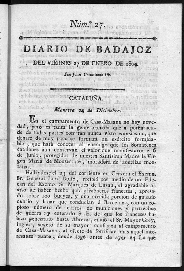Miniatura de Diario de Badajoz del viernes 27 de Enero de 1809