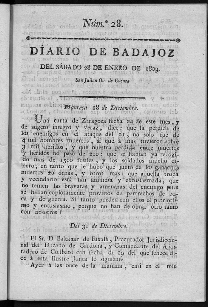 Miniatura de Diario de Badajoz del sábado 28 de Enero de 1809