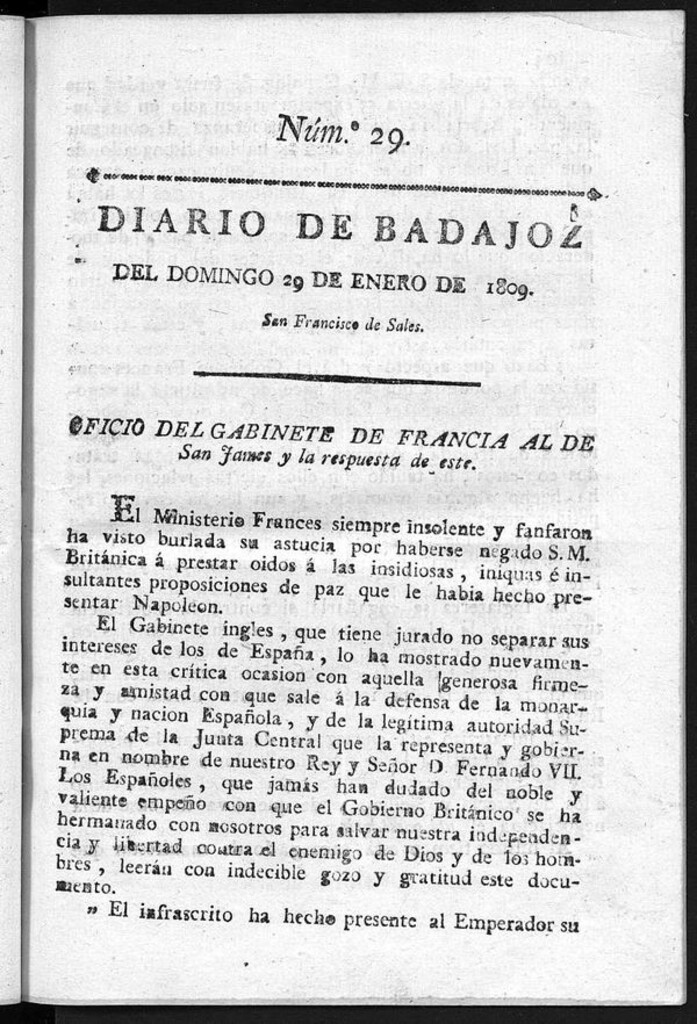 Miniatura de Diario de Badajoz del domingo 29 de Enero de 1809
