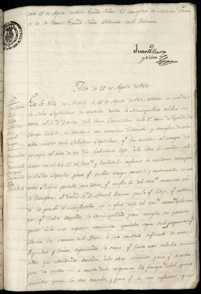 Miniatura de Libro de Acuerdos del Ayuntamiento de Madrid del 25 de agosto de 1810