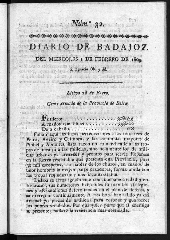 Miniatura de Diario de Badajoz del miércoles 1 de Febrero de 1809