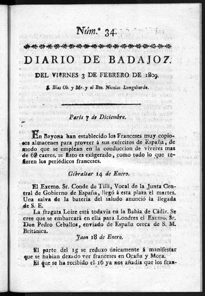 Miniatura de Diario de Badajoz del viernes 3 de Febrero de 1809