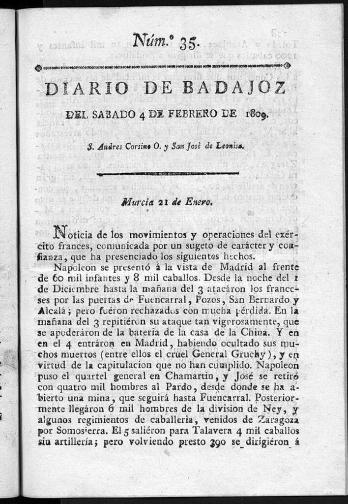Miniatura de Diario de Badajoz del sábado 4 de Febrero de 1809