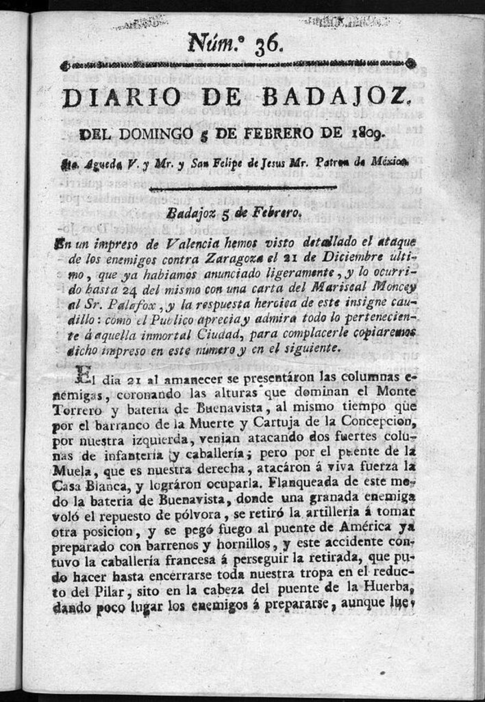 Miniatura de Diario de Badajoz del domingo 5 de Febrero de 1809