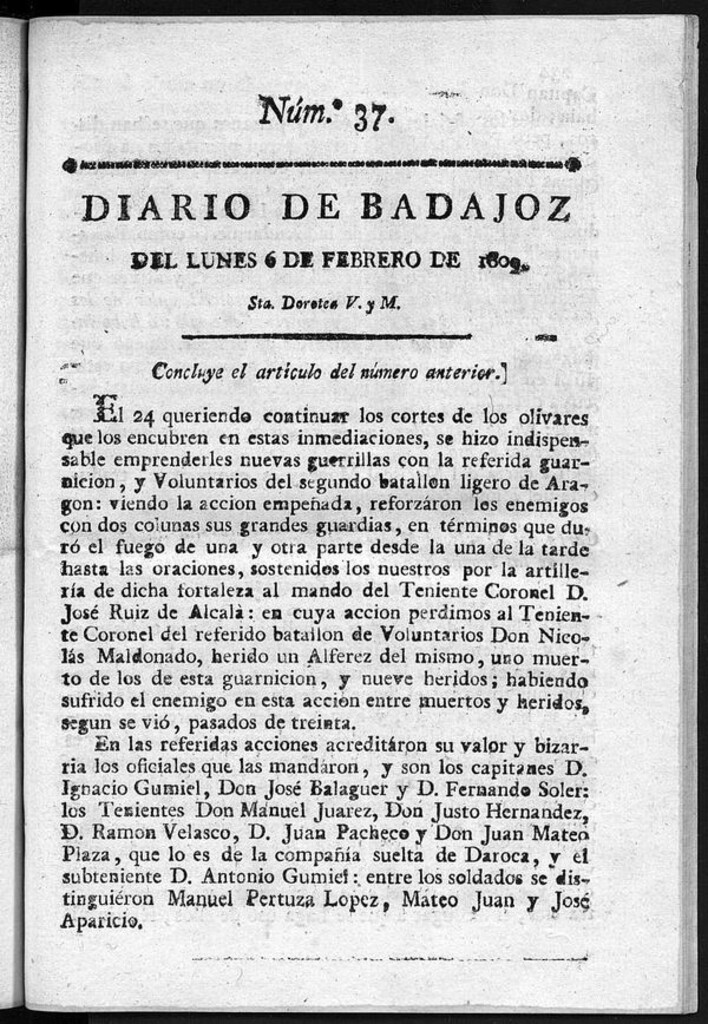 Miniatura de Diario de Badajoz del lunes 6 de Febrero de 1809