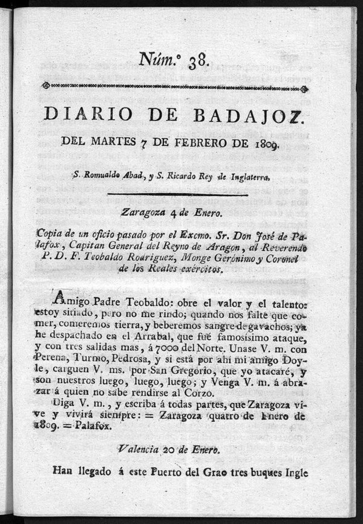 Miniatura de Diario de Badajoz del martes 7 de Febrero de 1809